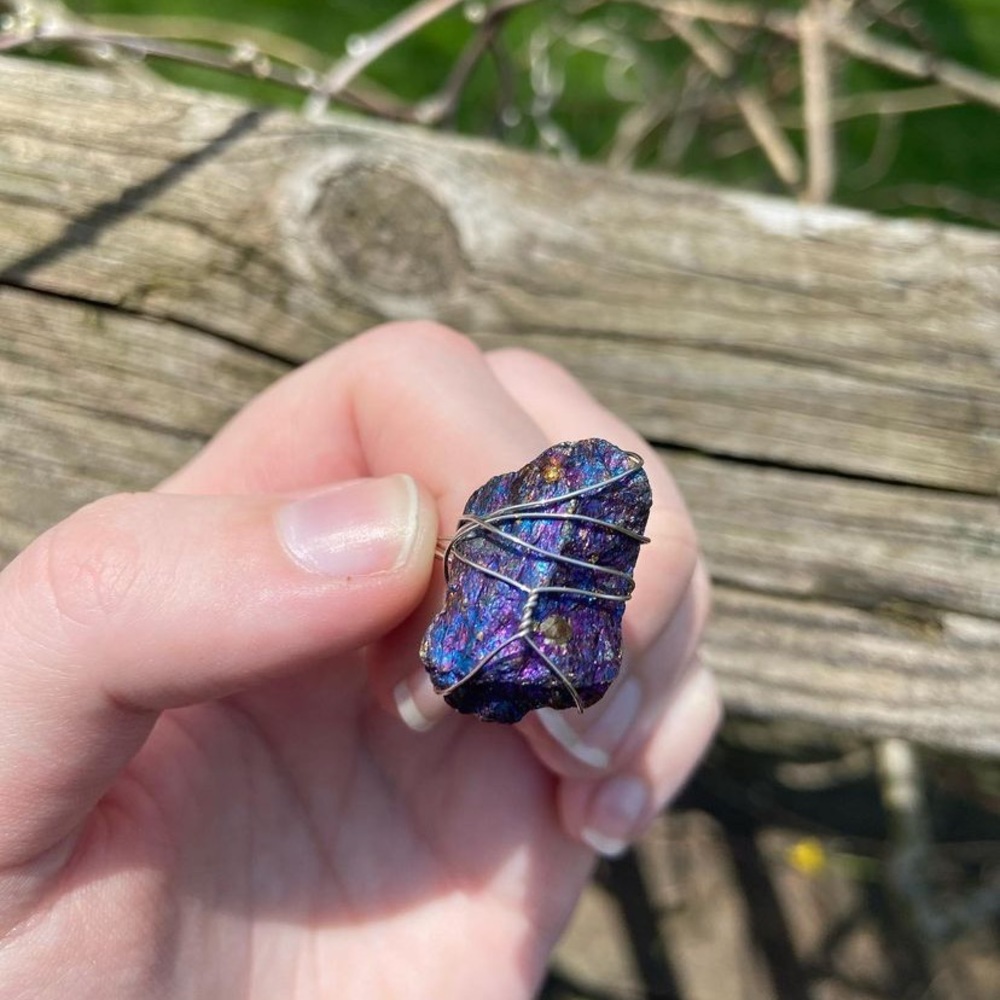 Chalcopyrite peacock ore wire wrapped crystal adjustable ring 8-8 1/2 approx.